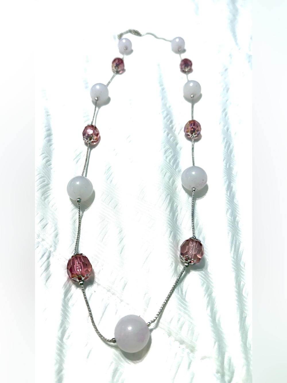 Avon Pink Bead Station Necklace - Soft Rose and Crystal Accents